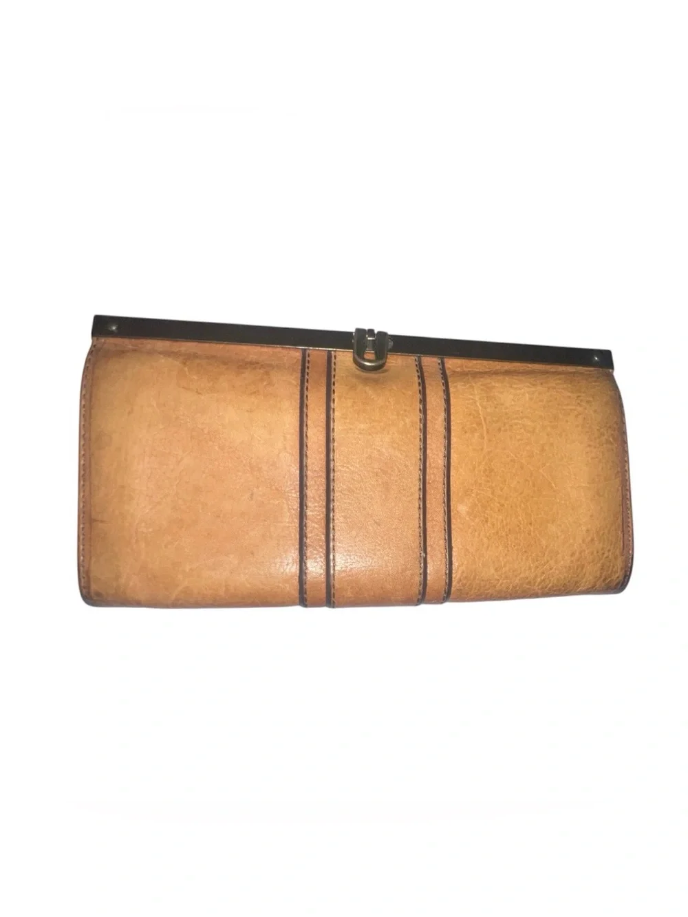 VTG Fossil Tan Leather Kiss Lock Frame Clutch Wallet